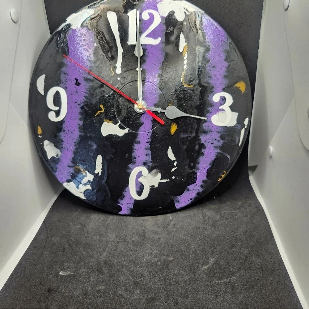 Hand Crafted Abstract Hanging Wall Clock Analog Vinyl Record Fluid Art Decor